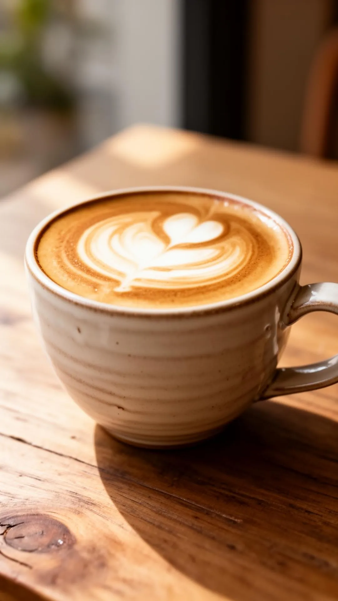 A latte with heart latte art in a handmade ceramic cup on a wooden table