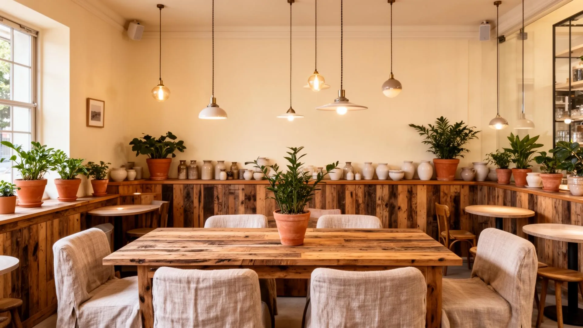 A warm café interior with a long wooden table, linen chairs, pendant lights and potted plants