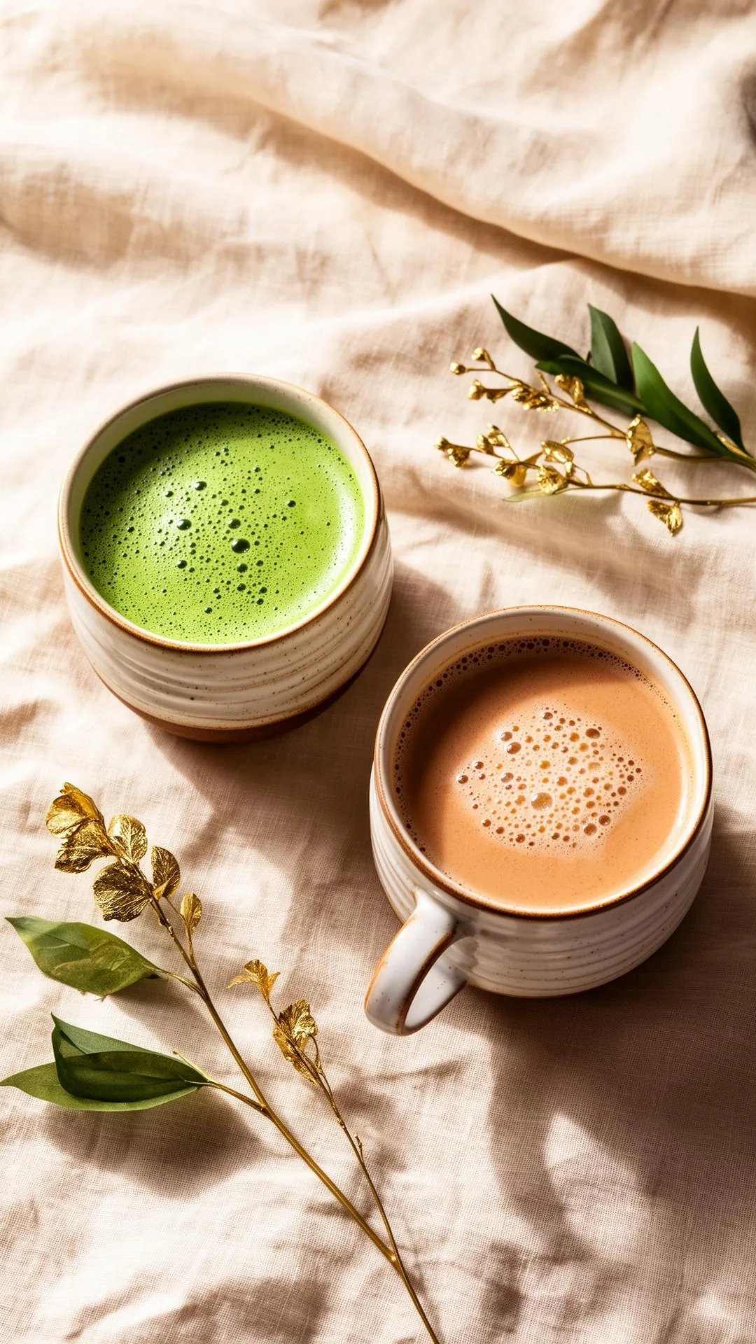 A cup of matcha and a cup of chai on linen with gilded leaves